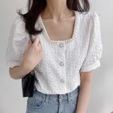 パールで品よく。スクエアネックパフスリパール半袖ブラウス | Girly Doll | 詳細画像8 