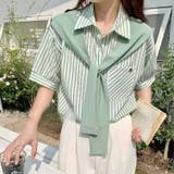 グリーンA | 1枚でレイヤードスタイル完成。フェイクツーピースストライプカラーシャツ | Girly Doll