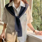 ネイビーA | 1枚でレイヤードスタイル完成。フェイクツーピースストライプカラーシャツ | Girly Doll