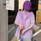 パープル | 1枚でレイヤードスタイル完成。フェイクツーピースストライプカラーシャツ | Girly Doll