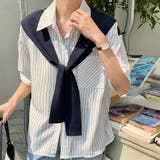 ネイビーB | 1枚でレイヤードスタイル完成。フェイクツーピースストライプカラーシャツ | Girly Doll
