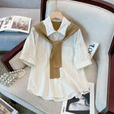 キャメル | 1枚でレイヤードスタイル完成。フェイクツーピースストライプカラーシャツ | Girly Doll
