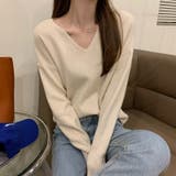 ベージュ | Vネックリブニット【韓国ファッション】 | Girly Doll