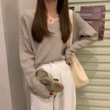 グレー | Vネックリブニット【韓国ファッション】 | Girly Doll