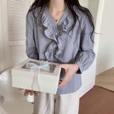 Vネックフリルコットン長袖フレンチレトロブラウスシャツ【韓国ファッション】 | Doula Doula | 詳細画像11 