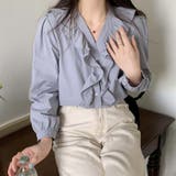 Vネックフリルコットン長袖フレンチレトロブラウスシャツ【韓国ファッション】 | Doula Doula | 詳細画像14 