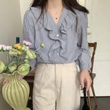 Vネックフリルコットン長袖フレンチレトロブラウスシャツ【韓国ファッション】 | Doula Doula | 詳細画像15 