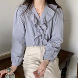 Vネックフリルコットン長袖フレンチレトロブラウスシャツ【韓国ファッション】 | Doula Doula | 詳細画像18 