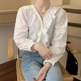 Vネックフリルコットン長袖フレンチレトロブラウスシャツ【韓国ファッション】 | Doula Doula | 詳細画像21 