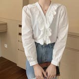 Vネックフリルコットン長袖フレンチレトロブラウスシャツ【韓国ファッション】 | Doula Doula | 詳細画像24 
