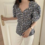 Vネックボリュームパフスリーブレトロ小花柄半袖ブラウスシャツ | Girly Doll | 詳細画像2