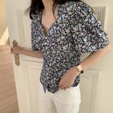 Vネックボリュームパフスリーブレトロ小花柄半袖ブラウスシャツ | Girly Doll | 詳細画像4