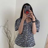 Vネックボリュームパフスリーブレトロ小花柄半袖ブラウスシャツ | Girly Doll | 詳細画像7