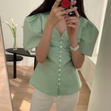 Vネックボリュームパフスリーブレトロ小花柄半袖ブラウスシャツ | Girly Doll | 詳細画像12