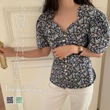 Vネックボリュームパフスリーブレトロ小花柄半袖ブラウスシャツ | Girly Doll | 詳細画像1