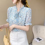 ボウタイリボンパフスリーブフリル半袖花柄シフォンブラウス【韓国ファッション】 | Doula Doula | 詳細画像13