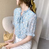 ボウタイリボンパフスリーブフリル半袖花柄シフォンブラウス【韓国ファッション】 | Doula Doula | 詳細画像20