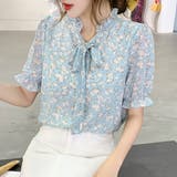 ボウタイリボンパフスリーブフリル半袖花柄シフォンブラウス【韓国ファッション】 | Doula Doula | 詳細画像21