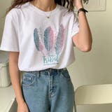 ホワイト | ラウンドネックフェザー柄プリントTシャツ【韓国ファッション】 | Girly Doll