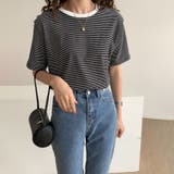 ラウンドネックカラーボーダーTシャツ【韓国ファッション】 | Doula Doula | 詳細画像2
