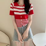 ポロカラーランダムボーダー半袖ニットカーディガン【韓国ファッション】 | Doula Doula | 詳細画像45