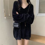 ブラック | Vネックシャギーニットワンピース | Girly Doll