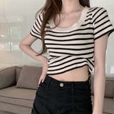 スクエアカラーボーダーサマーニットトップス【韓国ファッション】 | Doula Doula | 詳細画像3 