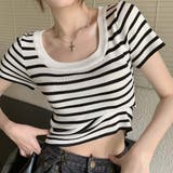 スクエアカラーボーダーサマーニットトップス【韓国ファッション】 | Doula Doula | 詳細画像7 