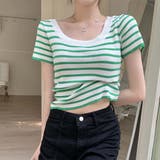 スクエアカラーボーダーサマーニットトップス【韓国ファッション】 | Doula Doula | 詳細画像18 