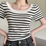 スクエアカラーボーダーサマーニットトップス【韓国ファッション】 | Doula Doula | 詳細画像19 