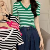 Vネックボーダーリブニットトップス【韓国ファッション】 | Doula Doula | 詳細画像6 