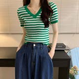 Vネックボーダーリブニットトップス【韓国ファッション】 | Doula Doula | 詳細画像8 