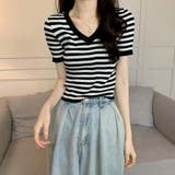 Vネックボーダーリブニットトップス【韓国ファッション】 | Doula Doula | 詳細画像16 