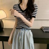 Vネックボーダーリブニットトップス【韓国ファッション】 | Doula Doula | 詳細画像26 
