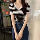 Vネックボーダーリブニットトップス【韓国ファッション】 | Doula Doula | 詳細画像27 