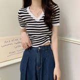 Vネックボーダーリブニットトップス【韓国ファッション】 | Doula Doula | 詳細画像37 