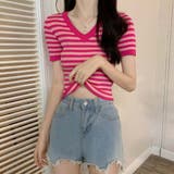 Vネックボーダーリブニットトップス【韓国ファッション】 | Doula Doula | 詳細画像38 