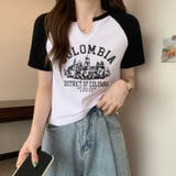 ホワイト | スリットネックカレッジロゴラグランTシャツ【韓国ファッション】 | Girly Doll