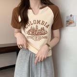 ベージュ | スリットネックカレッジロゴラグランTシャツ【韓国ファッション】 | Girly Doll