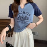 ブルー | スリットネックカレッジロゴラグランTシャツ【韓国ファッション】 | Girly Doll