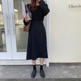 ブラック | クルーネックウエストボタンミドルワンピース | Girly Doll