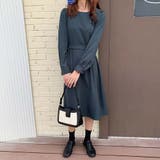 ネイビー | クルーネックウエストボタンミドルワンピース | Girly Doll