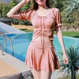 ピンク | パフスリーブリボンスカート水着セット 体型カバー | Doula Doula