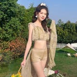 ベージュ | チュールの透け感がエレガント。水着セット レースフリルタンキニ&パレオ | Girly Doll