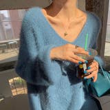 ブルー | Vネックシャギーニット【韓国ファッション】 | Girly Doll