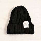 ブラック | ラベル付ケーブル編みニット帽 ニットキャップ 帽子 男女兼用 | FACION