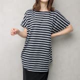 ネイビー×オフ | サイドタック ボーダーチュニック 大きいサイズ | FashionBerry