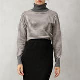 チャコール×グレージュ | 【洗えるニットシリーズ】もちもちニット ボーダータートルネックニット | FashionBerry