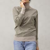 グレージュ×モカーキ | 【洗えるニットシリーズ】もちもちニット ボーダータートルネックニット | FashionBerry