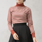 オレンジ×グレージュ | 【洗えるニットシリーズ】もちもちニット ボーダータートルネックニット | FashionBerry